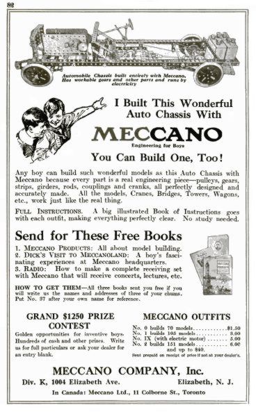 1922: advert. Auto Chassis picture, list of sets, $1250 prize draw, and three giveaway books: "Meccano Products", "Dick's Adventures in Meccanoland", and "Radio". With the opening of the new factory, the address is now Elizabeth, New Jersey.