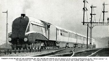 caption: TWENTY-FIVE MILES AT AN AVERAGE OF 107½ MILES AN HOUR was one feature of the amazing performance of the "Silver Jubilee " on the experimental run. The engine hauled a train of seven vehicles which had a gross weight of 230 tons.