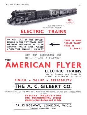 1939 UK advert for Gilbert's recently-acquired American Flyer brand model trains