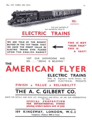 British "A.C. Gilbert" American Flyer trade advert, "Games and Toys" trade publication, 1939