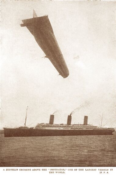 1920: A Zeppelin cruising above the SS Imperator