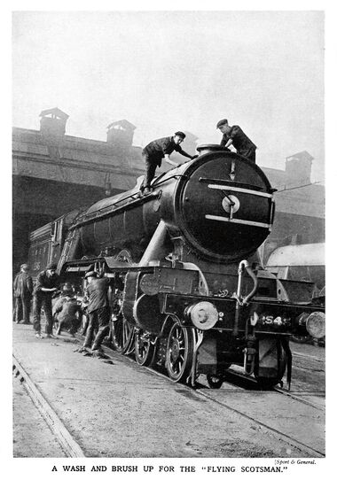 "A wash and brush up for the Flying Scotsman". The locomotive is LNER 2545 Diamond Jubilee
