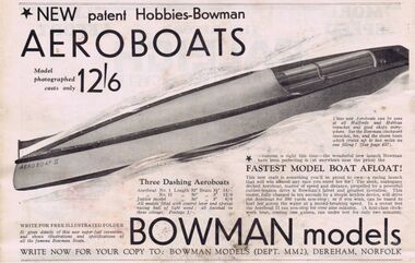 1931: "New patent Bowman-Hobbies Aeroboats". Advert from Meccano Magazine, May 1931