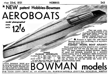 1931: Aeroboat II advert, Hobbies Weekly, 23rd May 1931. Three models listed, "Aeroboat I", "Aeroboat II", and "Junior".