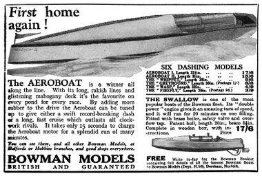 1932: "First home again!" Aeroboats advert, Hobbies Weekly, 7th May 1932. The "Junior" Aeroboat is no longer listed.