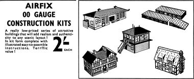 1959: "Airfix 00 gauge Construction Kits", advert with lineart of some of the buildings
