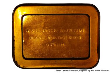 "W & R JACOB & CO LIMd. / BISCUIT MANUFACTURERS / DUBLIN" stamped biscuit tin base, 1892