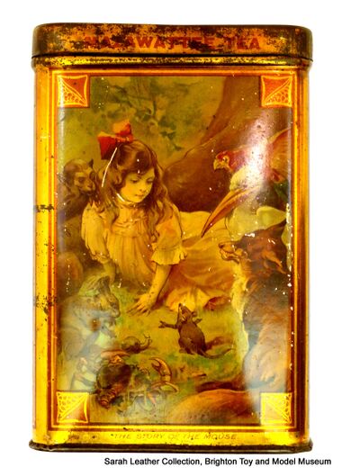 Alice in Wonderland Mazawattee Tea tin, panel: "The Story of the Mouse"