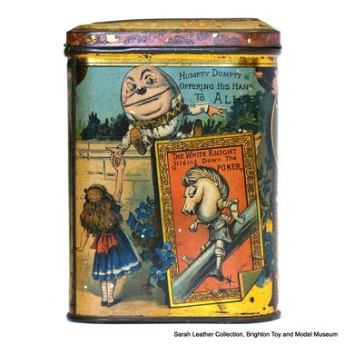 Alice Through the Looking-Glass biscuit tin, panel 1: "Humpty Dumpty Offering His Hand To Alice", "The White Knight Sliding Down The Poker"