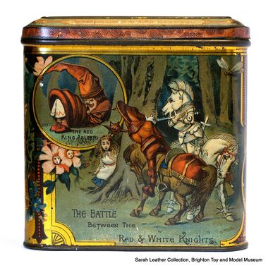 Alice Through the Looking-Glass biscuit tin, panel 2: "The Red King Asleep", "The Battle Between The Red And White Knights"