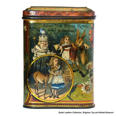 Alice Through the Looking-Glass biscuit tin, panel 3: "Alice, the White King, and the Messenger", "Alice and the Fawn"