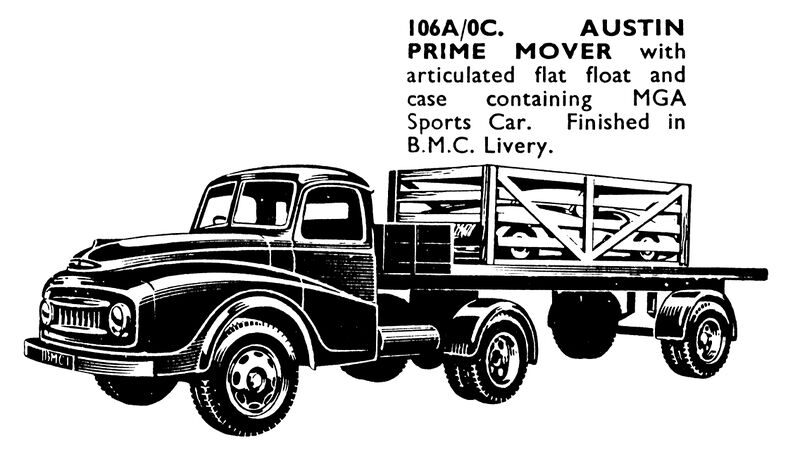 File:Austin Prime Mover, with articulated flat float and cased MGA Sports Car, Spot-On Models 106A-0C (SpotOn 1959).jpg