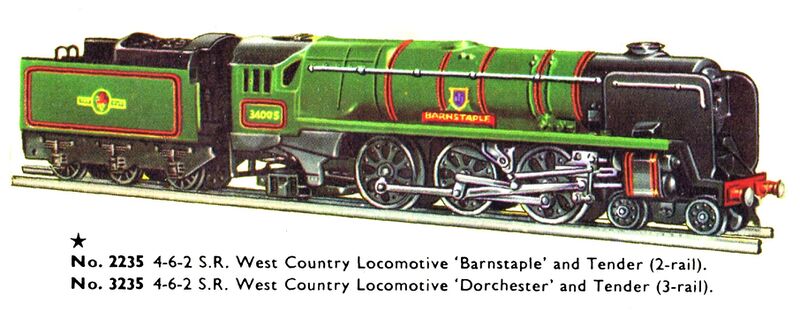 File:Barnstaple 34005 Dorchester 34042 West Country Locomotive, Hornby-Dublo 2235 3235 (DubloCat 1963).jpg