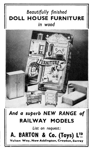 1956 trade advert, "dollhouse furniture in wood"