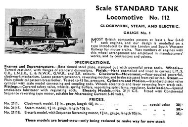1937 : Standard Tank Loco 112, gauge 1, Bassett-Lowke catalogue