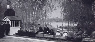 1913: W.J Bassett-Lowke onboard a 9.5"-gauge miniature railway, Children's Welfare Exhibition, Olympia