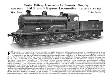 1937: Bassett-Lowke Garden Railway "George the Fifth" locomotive, 1:8 scale, 7 1/4" gauge, 1.5 inch scale, 1937