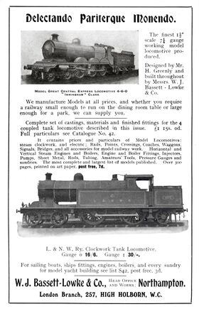 1909: Bassett-Lowke advert for a L&NWR Precursor Tank locomotive in gauges 0 and 1, presumably the model made for B-L by Märklin. The image shows a real Precursor tank loco rather than the model, suggesting that perhaps the final production models weren't yet available when the advert was created
