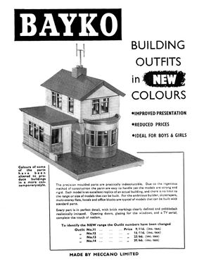1960 Meccano Ltd. Bayko advert, "New colours", "Made by Meccano Ltd"