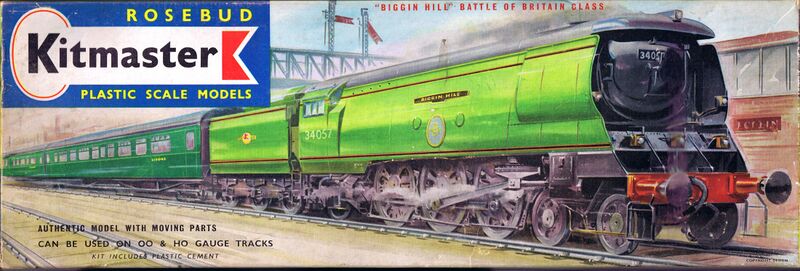 File:Biggin Hill, Battle of Britain Class loco BR 34057, box artwork (Rosebud Kitmaster 11).jpg
