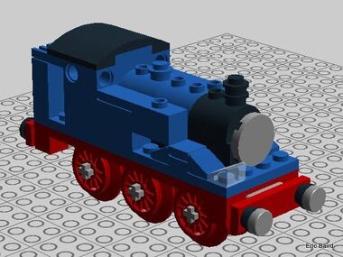 A Billinton E2 Second Series tank locomotive modelled in Lego, in Thomas the Tank Engine colours