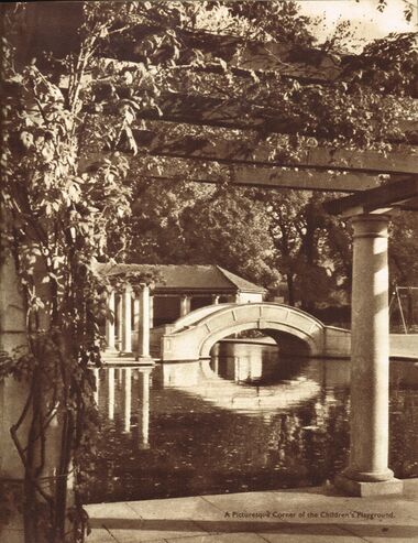 1935: The original boating lake, with one of the bridges and a pergola
