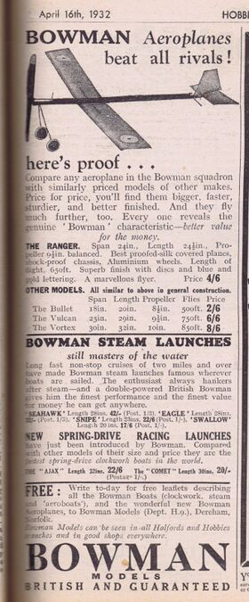 1932: "BOWMAN Aeroplanes beat all rivals!", advert, Hobbies