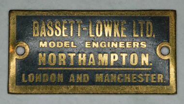 Brass plate for exhibition models, "Bassett-Lowke Ltd. Model Engineers, Northampton, London and Manchester"