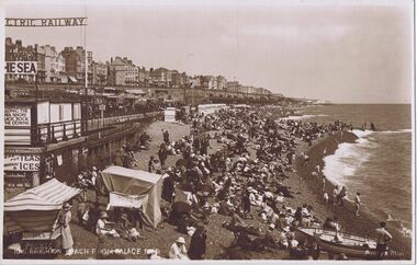 Late 1920s: "ALONG the SEASHORE to BLACK ROCK and THE DOWNS". This probably refers to the Volks connecting tourist bus sightseeing service from Black Rock, Downland Cars, which started in about 1925