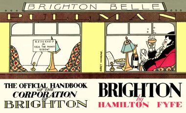 1939: Cover of the Official Brighton Corporation Handbook, expressing Brighton's identity as an anachronistic combination of two of its most famous defining figures: the Prince Regent, and the Brighton Belle. Artwork by Aubrey Hammond/