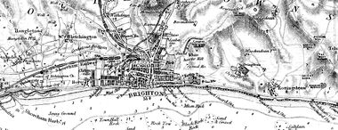 1860 map, of Shoreham (left) through Brighton (centre), to Rottingdean (right)