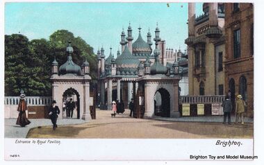 "Entrance to Royal Pavilion, colourised postcard showing the entrance some time before the construction of the India Gate in 1921