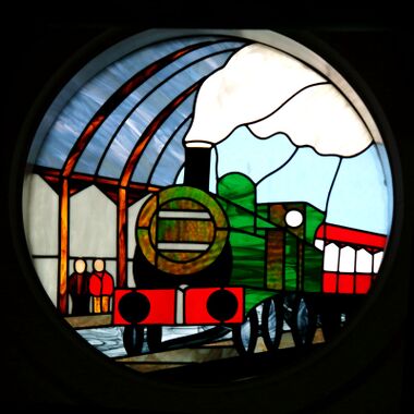 Steam locomotive at Brighton Station (stained glass window at Brighton's Palace Pier)