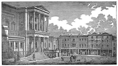 1860: engraving of the Town Hall and some nearby businesses