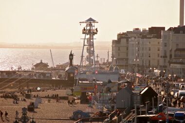2018: The view West across the seafront Palace Pier area, with the Brighton Zip, centre