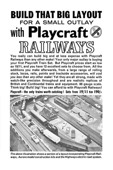 1962: The same photograph in an advert in Model Railways: "The above illustration shows a section of a layout incorporating Playcraft Railways, Aurora model construction kits and the Highways electric road system."