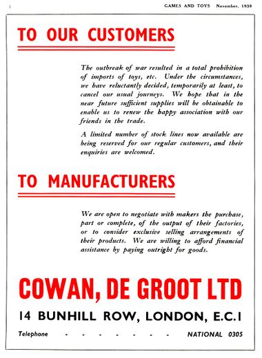 1939: Trade advert for Cowan De Groot