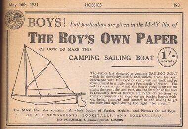 1931: Make this Camping Sailing Boat, Boy's Own Paper (from Hobbies Weekly)