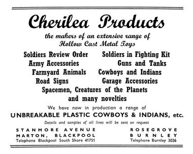 1956: Cherilea trade advert, documenting the start of the company's move to plastics