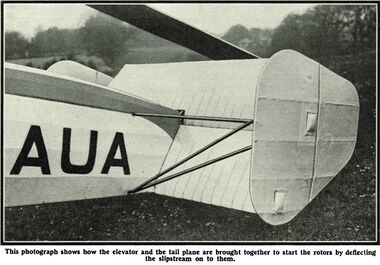 1931: Tailplane detail: tilting the plane allows the exhaust plume to spin up the autogiro, even when stationary
