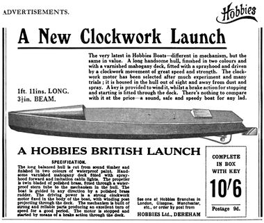 1930: "A New Clockwork Launch", larger and more expensive, Hobbies Weekly