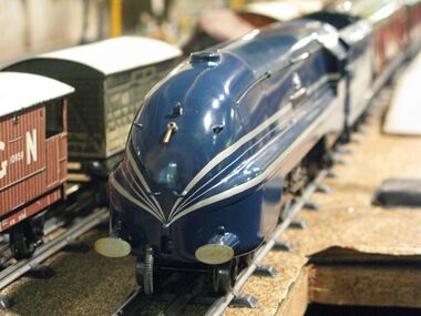 The museum's original 1930s Bassett-Lowke Coronation 6220 running on our period gauge 0 layout, Train Running Day 2012