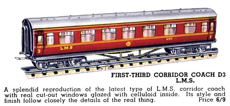 File:Corridor Coach First-Third LMS, Hornby Dublo D3 (HBoT 1939).jpg