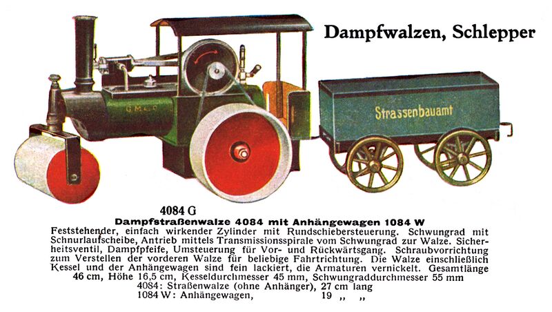 File:Dampfstrassenwalze mit Anhängewagen - Steamroller with Wagon, live steam, Märklin 4084-G 4084 1084-W (MarklinCat 1931).jpg