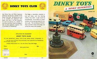 1957: Cover of the August '57 catalogue, showing Dinky traffic circling a model of the "Eros" statue in London's Piccadilly Circus