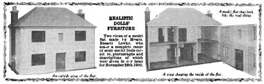 1932: A Bassett-Lowke dollhouse? The accompanying text seems to relate to a B-L flat rather than a full house, but since B-L were promoting their furniture at the time in Hobbies Weekly, it's likely that they would have had a promotional dollhouse, in which case the HW identification is probably correct, and there's just a mistake in the text. B-L did also have a system of single rooms or flats, that seems not to have gone into production.