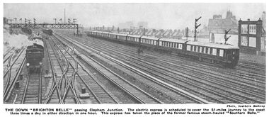 1935: Two of the five-car units combined to make a ten-car train. "THE DOWN BRIGHTON BELLE passing Clapham Junction. The electric express is scheduled to cover the 51-mile journey to the coast three times a day in either direction in one hour."