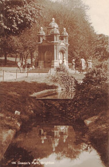 Undated postcard image, apparently showing a stepped water feature flowing through the park past the Drinking Fountain,