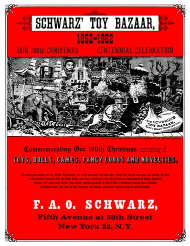 1962: Centenary issue (1862-1962) of the FAO Schwarz catalogue, styled to look like a Nineteenth Century "Schwarz Toy Bazaar" catalogue cover