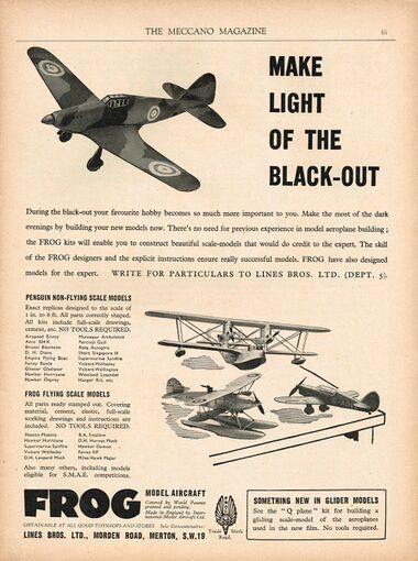 November 1939 advert, listing both (flying) FROG and (non-flying) Penguin aircraft kits